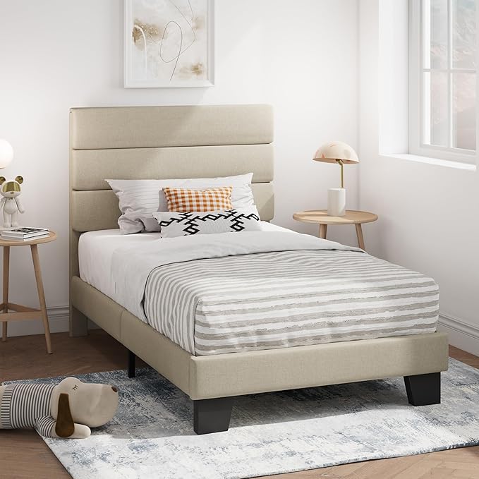 SHA CERLIN Twin Platform Bed Frame with Upholstered Fabric Headboard, Mattress Foundation with Strong Wooden Slats Support, No Box Spring Needed, Beige