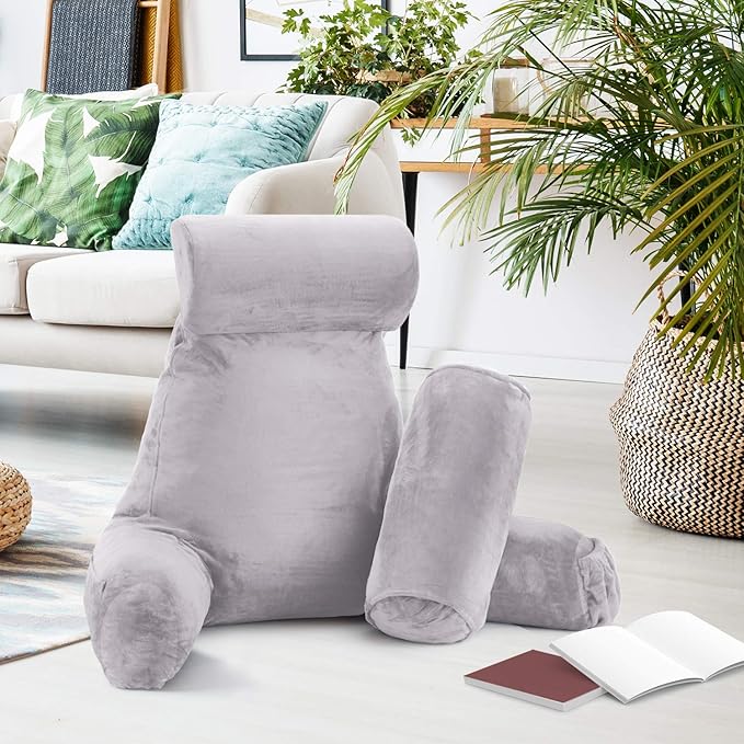 Nestl Reading Pillow with Shredded Memory Foam Includes 2 Neck and Lumber Support Pillows, Designed for Sitting Up in Bed and Couch, Back and Arms Adjustable Support for Adult & Teens, Grey Lavender