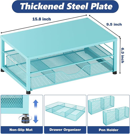 OPNICE Desk Organizers and Accessories, 2-Tier Computer Monitor Stand Riser with Drawer and 2 Pen Holders, Laptop Stand, Office Desk Accessories for Office Supplies, Teal Blue