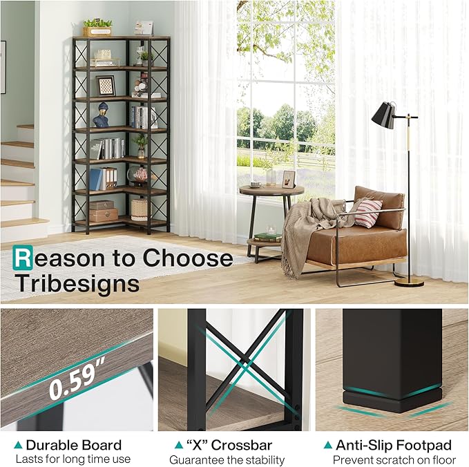Tribesigns 7-Tier Corner Bookcase, Industrial Large Corner Bookshelf, 7-Shelf Tall Corner Shelf Storage Display Rack with Metal Frame for Living Room Home Office, Grey
