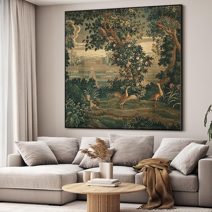 36"x36" Large Framed Wall Art - Botanical Garden Scene with Birds (Frame Assembly Required)