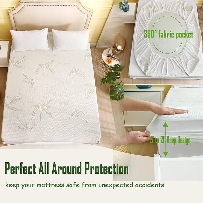 Full Size Waterproof Mattress Protector, Premium Cooling Viscose from Bamboo Mattress Pad, Breathable, Noiseless, Cooling & Machine-Washable Bed Cover with 21" Deep Pocket