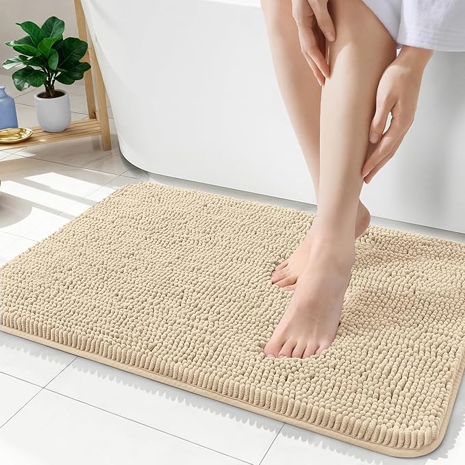 OLANLY Bathroom Rugs 35x24, Extra Soft Absorbent Chenille Bath Rugs, Rubber Backing Quick Dry, Machine Washable Bath Mats for Bathroom Floor, Tub and Shower, Home Decor Accessories, Beige