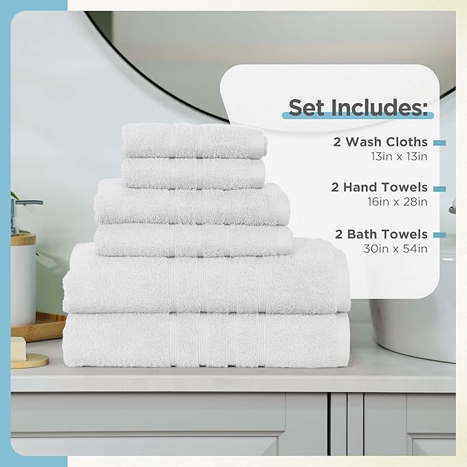 Martex 6-Piece Towel Set – Ultimate Performance – 100% Cotton – 2 Bath Towels – 2 Hand Towels – 2 Wash Cloths – Versatile – Low-Linting – Supersoft & Absorbent Bathroom Set – Easy Care – Optical White