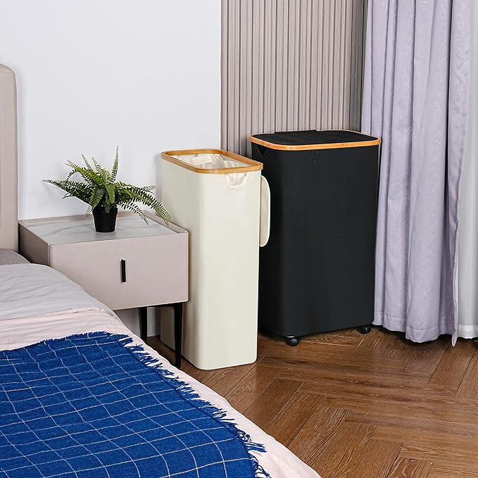 efluky Slim Laundry Basket with Lid, Narrow Laundry Hamper with Removable Bag, Skinny Dirty Clothes Basket with Bamboo Handles for Bathroom, Bedroom & Laundry Room, 75L Beige