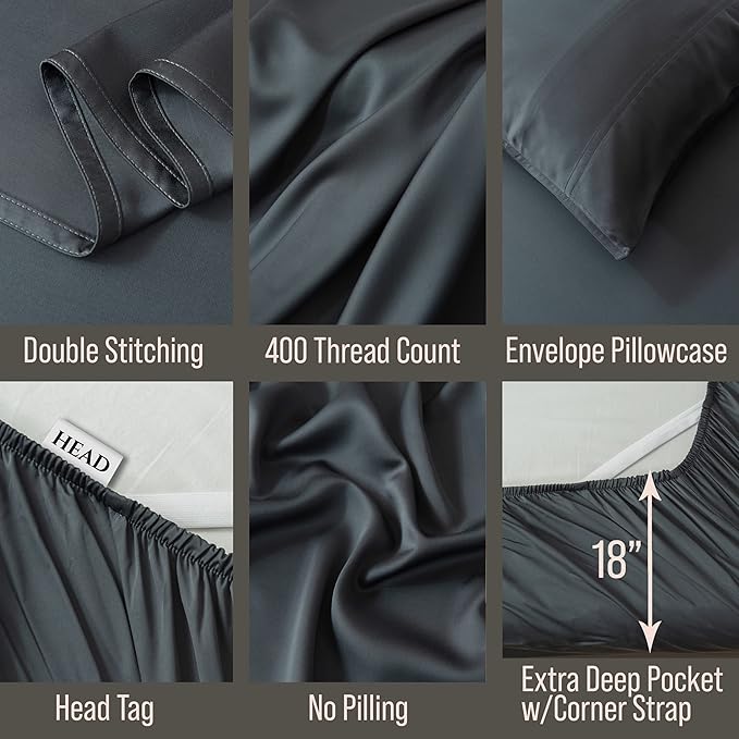 Bella Coterie Luxury Bamboo Viscose 34” Split Top King Size Sheet Set | 1 Fitted Sheet for Sleep Number & Adjustable Beds | 100% Organically Grown | Cooling & Soft | 18” Deep Pocket [Charcoal Grey]
