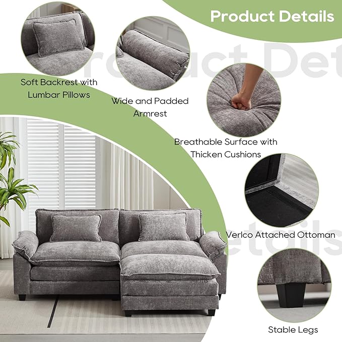 86" Modular Sectional Sofa, Comfy Cloud Couch Sectional Sofa with Ottoman, Chenille Sofa Sleeper Deep Seat Sofa with Throw Pillows for Living Room (Light Gray, 86"- L Shape)