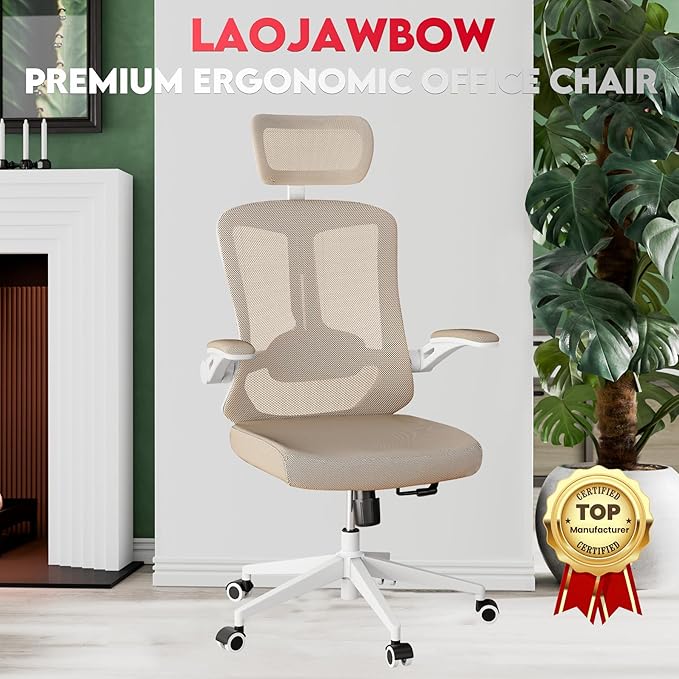 Ergonomic Office Chair - 400LB Comfy Desk Chairs with Adjustable Headrest and Lumbar Back Support, Mesh Computer Chairs with Wheels and Arms for Home Office, Study (669khaki-With Headrest)