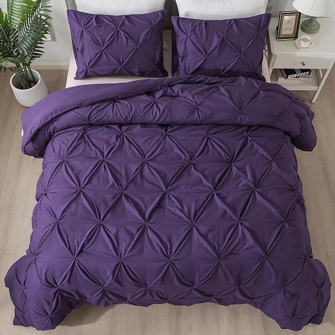 Andency Purple Comforter Set Queen Size, 3 Pieces Pintuck Bedding Comforters for Queen Bed, All Season Soft Lightweight Pinch Pleat Microfiber Bed Set