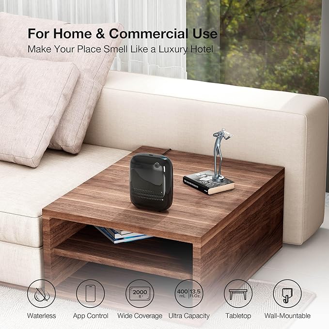 Airversa Waterless Essential Oil Diffuser for Home and Commercial Use, Up to 2000 sq ft 400 mL Capacity, Scent Diffuser for Large Rooms, Smart Scent Air Machine with 12V1A Power Adapter, ANW Black