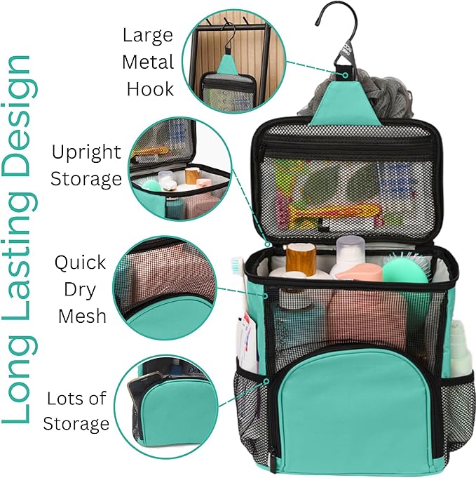 Original Shower Caddy For College Dorms- Travel Shower Caddy - Dorm Organizer Bag - Large Capacity, Quick Dry and Water Resistant with Metal Hook - Portable and Foldable Bag for Gym and Travel (Aqua)