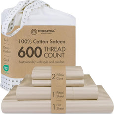 Threadmill 100% Cotton Sheets for Cal King Size Bed - 600 Thread Count Cal King Bed Sheets Set with 16” Deep Pocket - Damask Stripe Sateen Weave 4-Piece Bedding Set with Cooling Effect, Beige