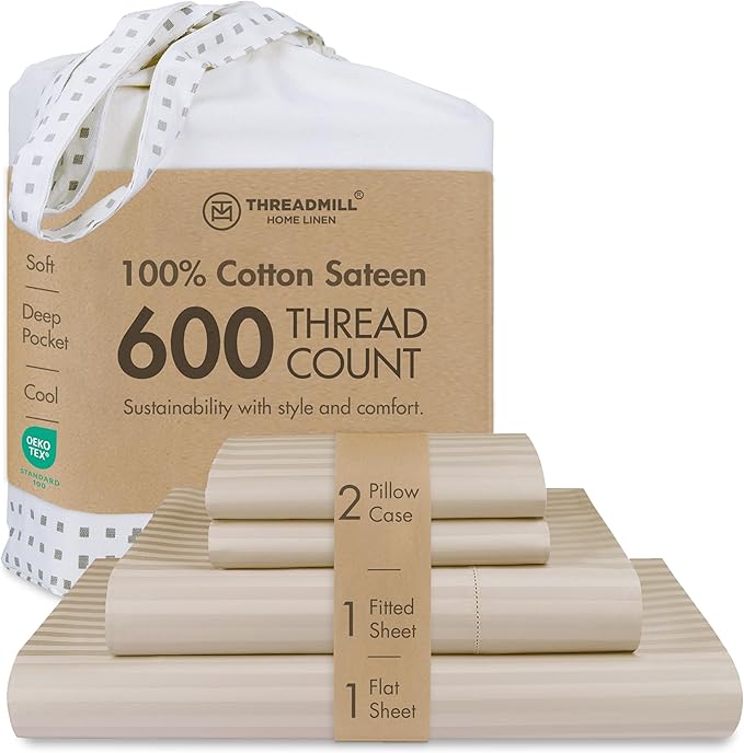 Threadmill 100% Cotton Sheets for Cal King Size Bed - 600 Thread Count Cal King Bed Sheets Set with 16” Deep Pocket - Damask Stripe Sateen Weave 4-Piece Bedding Set with Cooling Effect, Beige