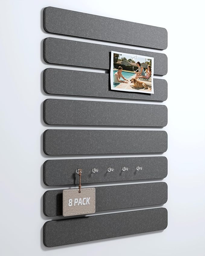 Cork Board Alternative Felt Strip Board 8-Pack 13"x2", Office Pin Board with 50 Push Pins, Adhesive Install for Bedroom Door & Home Office(Charcoal Gray)