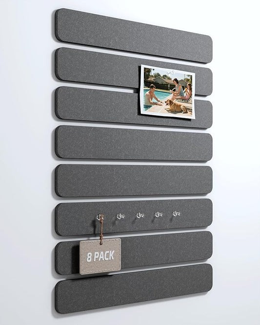 Cork Board Alternative Felt Strip Board 8-Pack 13"x2", Office Pin Board with 50 Push Pins, Adhesive Install for Bedroom Door & Home Office(Charcoal Gray)
