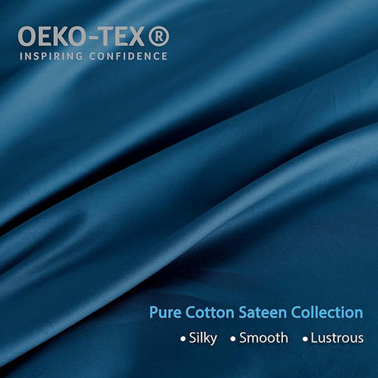 HeimenAogo Egyptian Cotton Duvet Cover King Size Sateen Weave, Silky Soft and Breathable Bedding Set with Zipper Closure, Long Staple Cotton Bed Linen Deep Water Blue 3Pcs