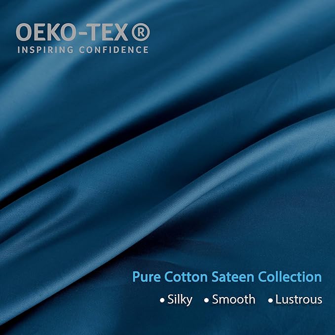HeimenAogo Extra-Long Staple Cotton Duvet Cover Set California King Sateen Weave, Silky Soft Breathable Comforter Cover with Zipper Closure, High TC Egyptian Cotton Blanket Cover 3Pcs Deep Water Blue