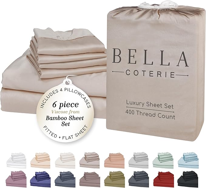 Bella Coterie 6 Piece Luxury Bamboo Viscose California King Size Sheet Set | 100% Organically Grown | Cooling for Hot Sleepers | 18" Deep Pocket | Soft & Hypoallergenic | 4 Pillowcases [Dune]