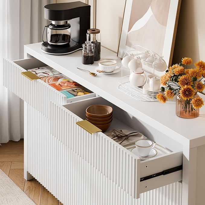 Lulive White Fluted Buffet Cabinet with Storage 55 inch Wood Large Sideboard with Adjustable Shelves for Entryway Kitchen Living Room