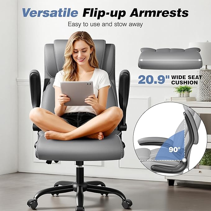 Ergonomic Office Chair - Desk Computer Chair, Leather High Back Executive Chairs with Adjustable Lumbar Support for Adults, Rolling Swivel Tilt, Gray