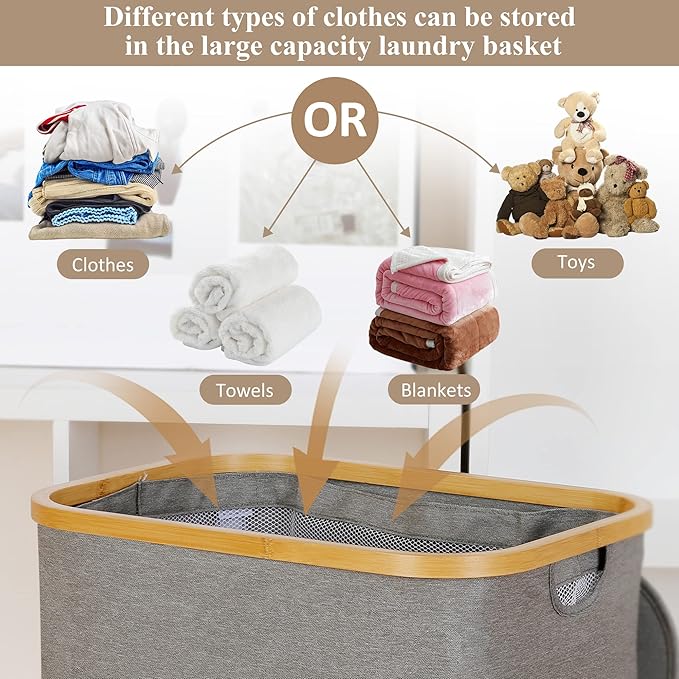 Laundry Hamper with Lid, 110L Large Laundry Hamper with Handle and Lid, Collapsible Clothes Basket Organizer with Removable Inner Bag for Clothes Toys Towels - Grey