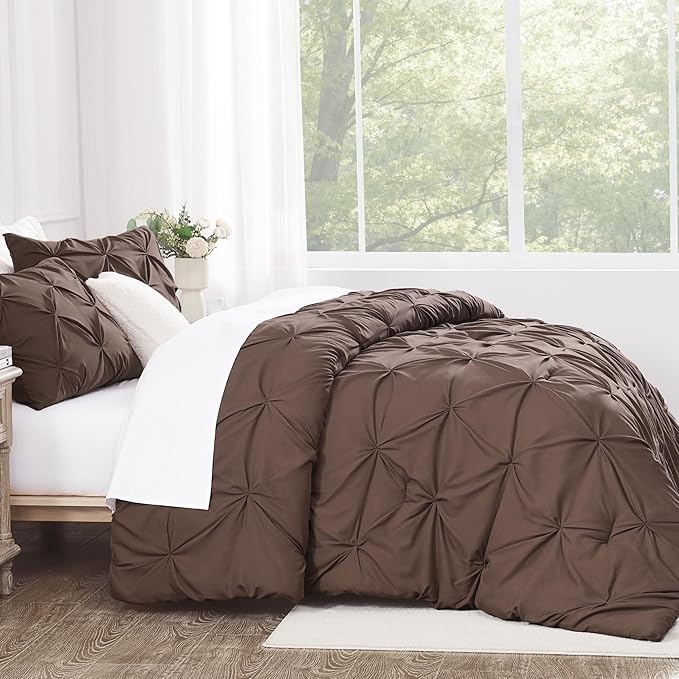 Andency Brown Pinch Pleat Comforter Full(79x90Inch), 3 Pieces(1 Down Alternative Comforter and 2 Pillowcases) Brown Bed Set Microfiber Pintuck Bedding Set