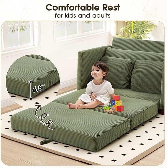 51" Convertible Loveseat Sofa Bed, 2-in-1 Folding Sofa Bed with 2 Pillow for Small Spaces, Modern Loveseat Sleeper Couch for Apartment, Living Room & Guest Room (Green Corduroy, 51 inch)
