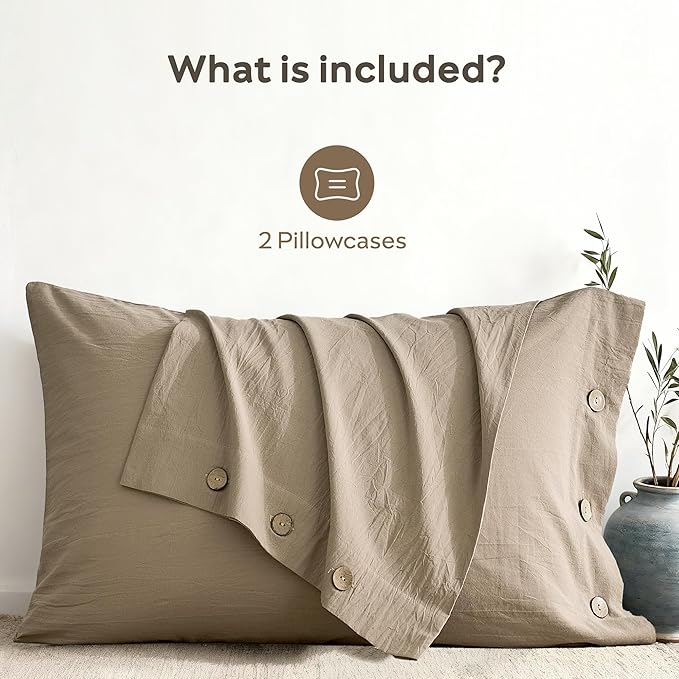 JELLYMONI 100% Washed Cotton King Pillowcases Set, 2 Pack Linen-Like Texture Breathable Pillow Covers with Button Closure,Dusty Khaki King 20"×36"(Pillows are not Included)