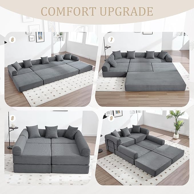 106" Oversized Convertible Sleeper Sofa Bed, Corduroy L Shape Sectional Couch, Folding Sofa Bed with Side Pocket, Modern Cloud Floor Mattress Couch, Modular Sofa for Living Room, Gray