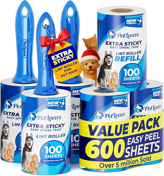PetLovers Extra Sticky Lint Roller Mega Value Set 600 Sheets for Pet Hair Removal, Dog and Cat Lint Remover 6 Pack