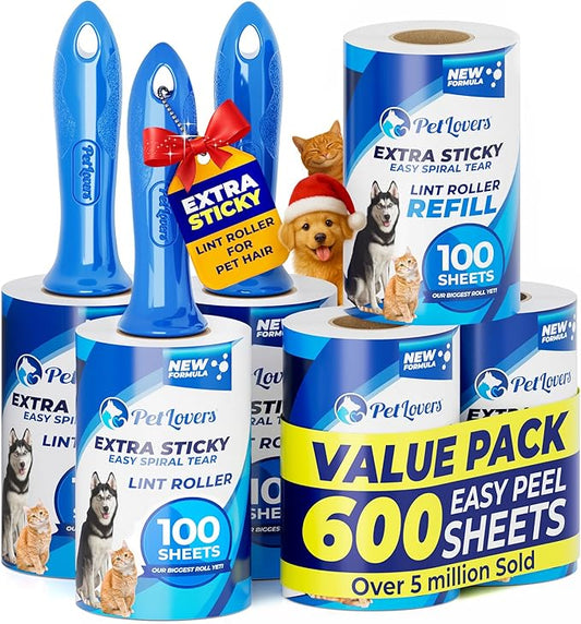 PetLovers Extra Sticky Lint Roller Mega Value Set 600 Sheets for Pet Hair Removal, Dog and Cat Lint Remover 6 Pack