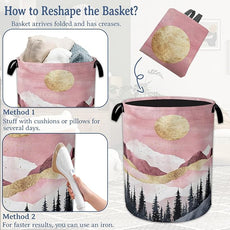 Mountains Laundry Basket,Foldable Oxford Cloth Sun Forest Golden Pink Laundry Hamper with Handles, 20.8