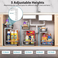 Under Sink Organizer Storage 2 Pack, 2 Tier Slide Out Height Adjustable Pull Out Cabinet Organizer Drawer for Kitchen Bathroom Large Under Sink Shelf Rack Caddy for Pantry, Grey