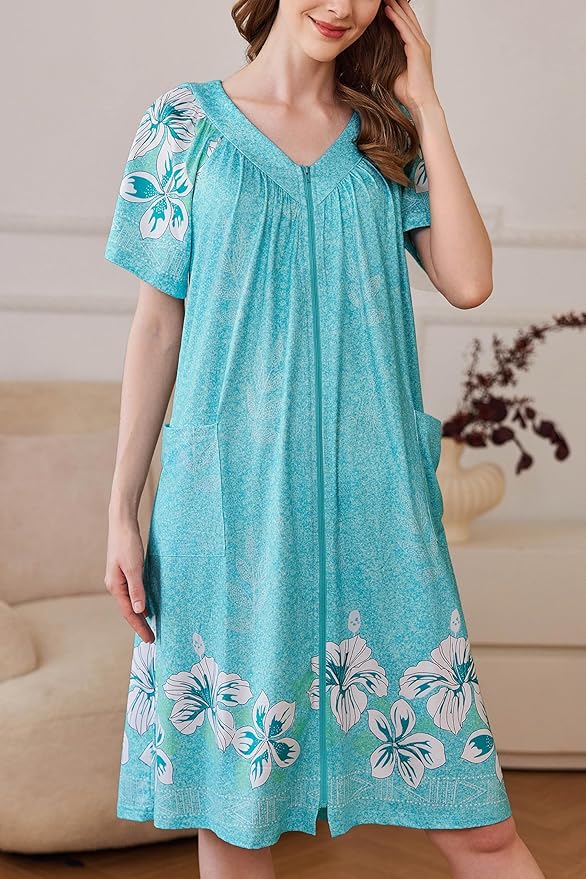 Ekouaer Women Robe Zipper Front Mumu Duster Robes Zip Up Housecoat Soft Sleepwear with Pockets