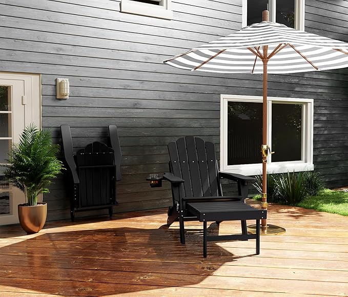 FOOWIN Adjustable Adirondack Chair with Retractable Ottoman, Folding Adirondack Chair with Cup Holder, HDPE All-Weather Fire Pit Chair for Patio, Yard, Poolside, Black