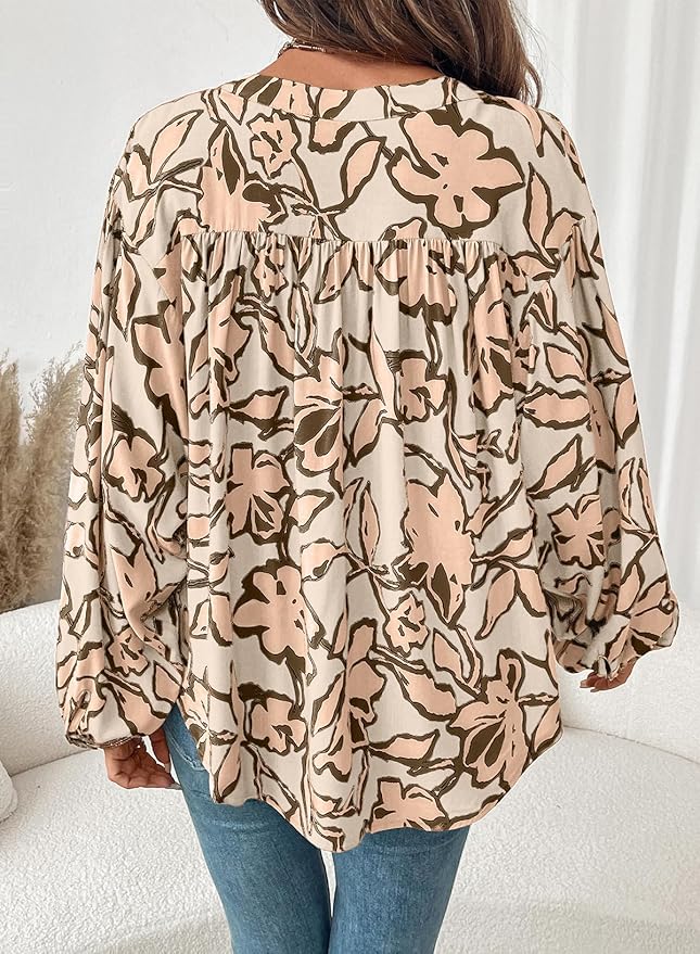 Astylish Womens 2026 Boho Floral Loose Spring Summer Tops Lantern Sleeve Flowy Blouses V Neck Button Down Shirts