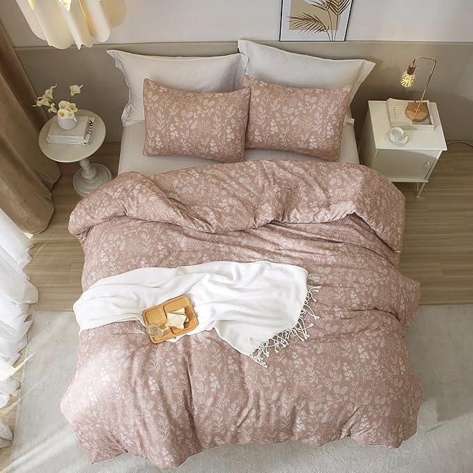 HighBuy Vintage Style Floral Duvet Cover Queen 3 Piece Girls Mauve Botanical Bedding Set 100% Cotton Cottagecore Comforter Cover Garden Style with Zipper Aesthetic Duvet Cover Set Queen,Mauve Brown