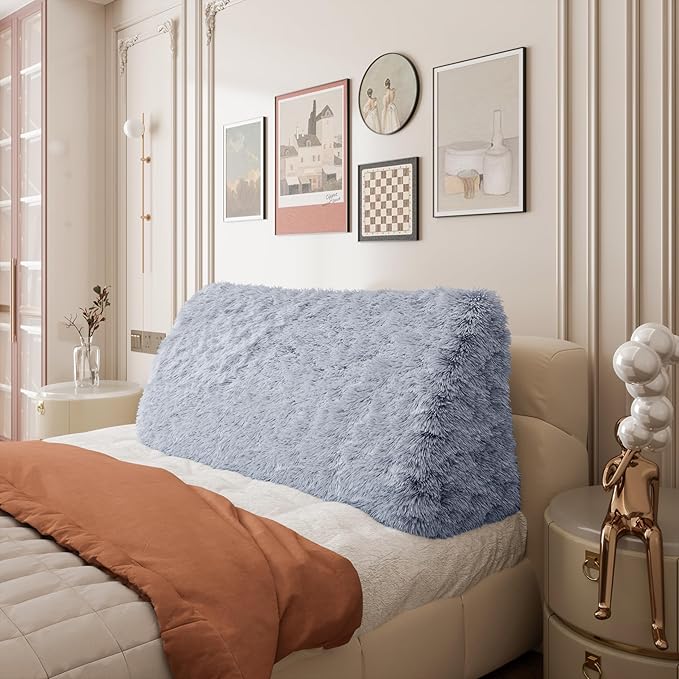 14LB Thickened Wedge Pillow Headboard Body Positioner Bed Wedge Pillow Backrest Support Triangular Headboard Pillow for Sleeping with Side Pocket Velvet Positioning Support Rabbit Blue Queen
