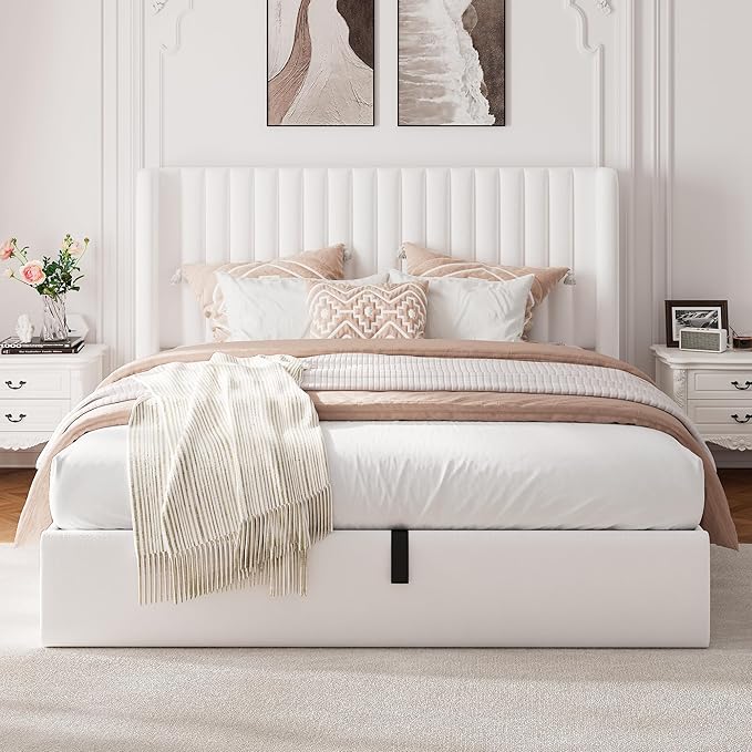 Full Size Lift Up Storage Bed, Upholstered Velvet Platform Bed Frame with Wingback Headboard, Hydraulic System, Solid Wooden Slats Support, No Box Spring Needed, Easy Assembly, White