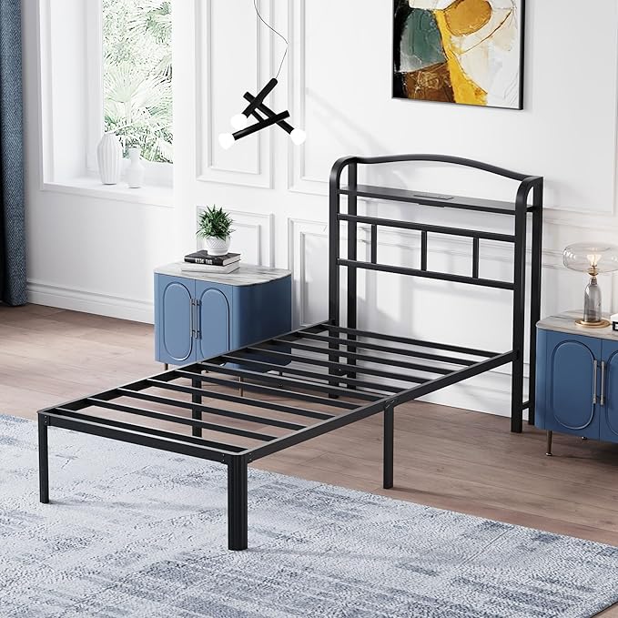 14 Inch Metal Bed Frame - Twin Size Black Heavy Duty Bedframe Platform Basic Mattress Foundation with Headboard & Charging Station No Box Spring Needed/Easy Assembly/Noise-Free