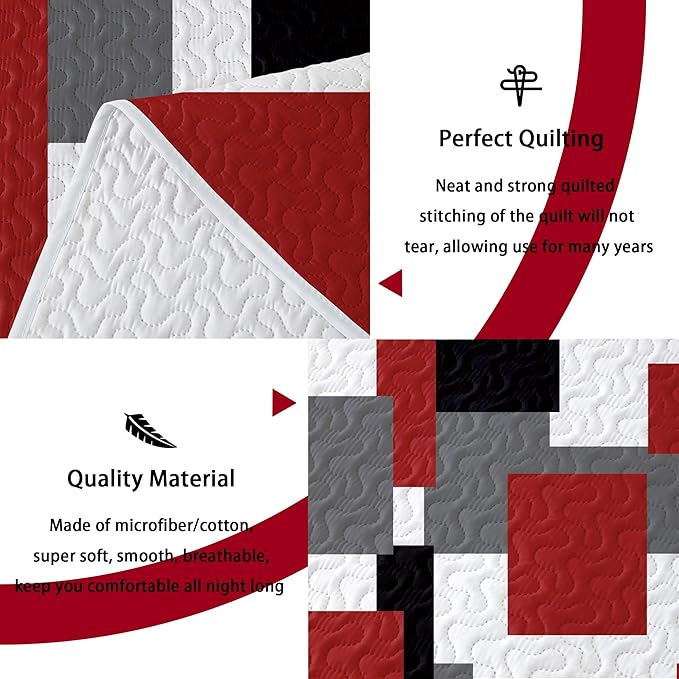 3 Piece Red Black Grey Quilt Set King Size Christmas Red Black Geometric Reversible Bedding Set Microfiber Lightweight Bedspread Coverlet with 2 Shams Modern Bed Cover for All Season, 106''x96''