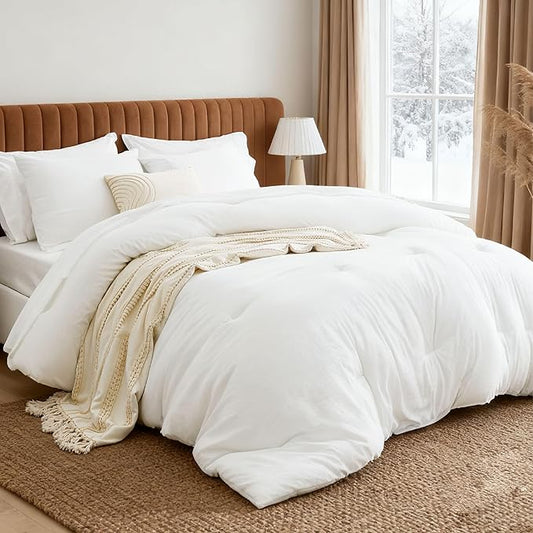 Bedsure King Size Comforter Set, White Soft Prewashed Bedding for All Seasons, 7 Pieces Warm Winter Down Alternative Bed Set, Fluffy Bed in a Bag with Sheets, Pillowcases & Shams