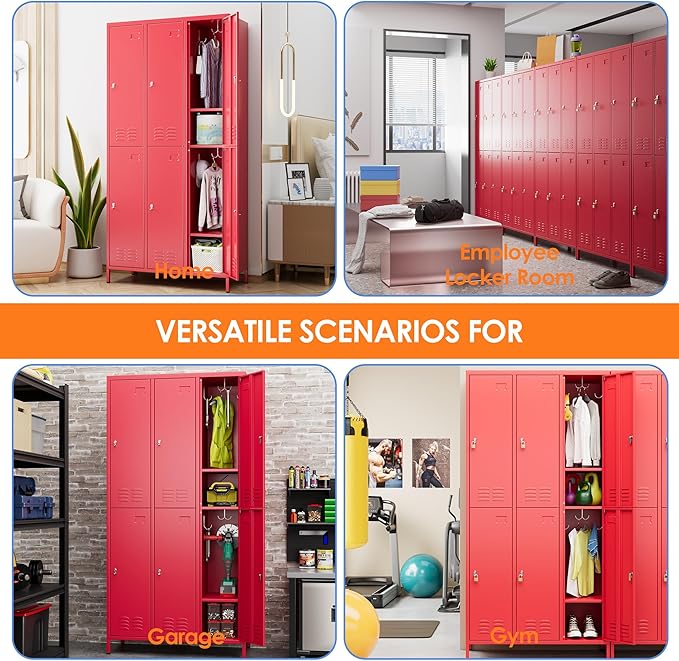 Aobabo Metal Locker for Employees, 6 Doors Metal Locker Cabinet with Lock, Industrial Storage with 18 Hooks, Storage for Home, Office, Gym, Assembly Required, Red