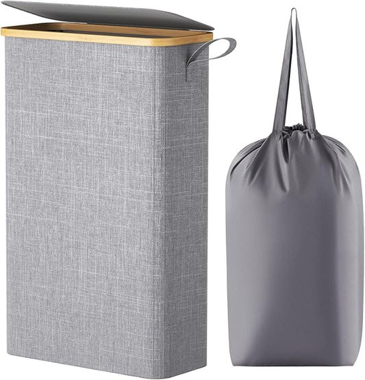 Lifewit 65L Slim Laundry Hamper with Lid, Narrow Laundry Basket with Removable Bag & Bamboo Handles, Fodable Thin Dirty Clothes Hamper for Laundry Collapsible Bin for Bathroom Bedroom Dorm, Gray