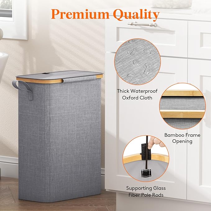 Lifewit 50L Slim Laundry Hamper with Lid, Narrow Laundry Basket with Removable Bag & Bamboo Handles, Fodable Thin Dirty Clothes Hamper for Laundry Collapsible Bin for Bathroom Bedroom Dorm, Gray