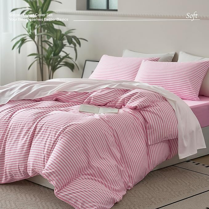 JELLYMONI Queen Duvet Cover Set, Cotton Duvet Cover 2 Pieces with Zipper Closure, 1 Duvet Cover and 2 Pillowcases(Pink with White Striped)