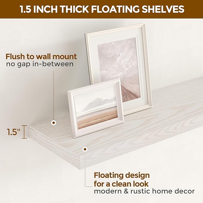 Fun Memories 55 Inch Floating Shelves for Wall, 55x9.3 Large Floating Shelf for Bedroom, Kitchen, Bathroom, Wall Mounted Rustic Wood Shelves with Invisible Bracket for Books, Decor, Brich