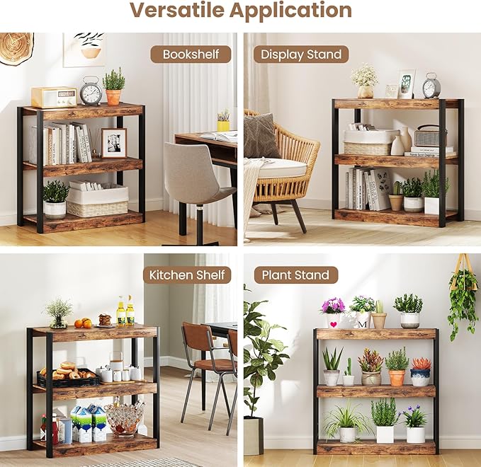 Giantex 3 Tier Bookshelves Set of 2, Freestanding Wooden Bookcase with Dual Anti-Tipping Kits, Open Display Rack Shelving Unit, Storage Organizer for Living Room, Bedroom & Study, Rustic Brown & Black