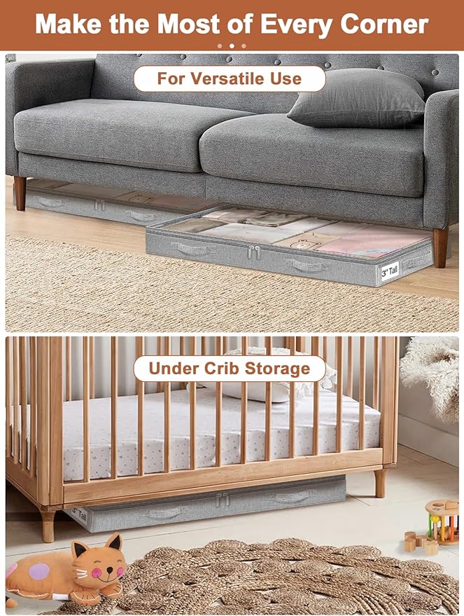 3 Inch Low Profile Under Bed Storage Bins with NO STURCTURE Design, Shallow Clothes Storage Bags with Clear Lids & Waterproof Fabric - Fits Under Sofa, Couch, Dorm, or College Beds，40x20x3inch，Grey