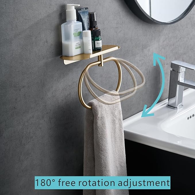 Towel Ring with Shelf, Heavy Duty Stainless Steel Bathroom Hardware, Adhesive No-Drill or Drill Mount Wall Mounted Towel Holder for Bathroom and Kitchen (Gold)